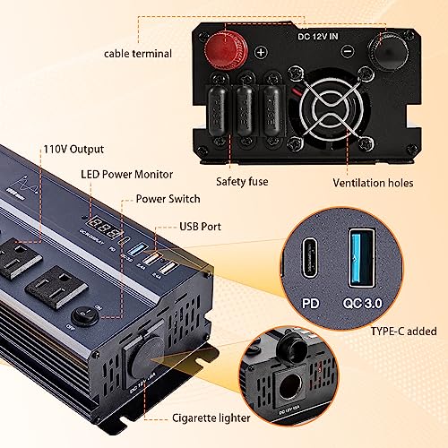 1000W Pure Sine Wave Power Inverter12V DC to 120V AC Converter (1000W / Gray)