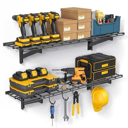 2 Pack Garage Wall Shelving with 4 Hooks (2 pack-1x4ft with 4 hooks)