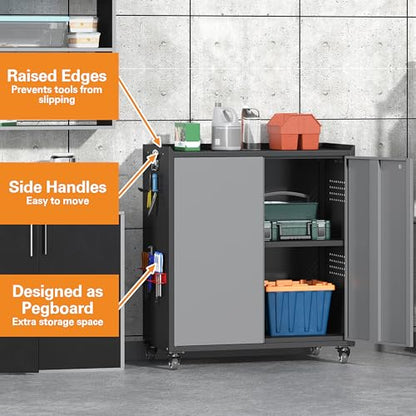 Metal Garage Storage Cabinet with Wheels (Black&gray / 34.3"H Tool Cabinet(2-Door))