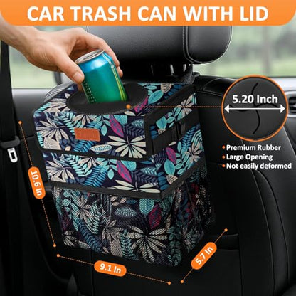 Car Trash Can with Lid Leak Proof Car Accessories for Women (2.2 Gallons / Colorful Leaves)