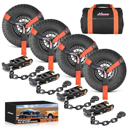 2" x 96" Lasso Style Car Tie Down Straps with Chain Hook Anchors (4Pcs 2in x 96in Wheel Straps)