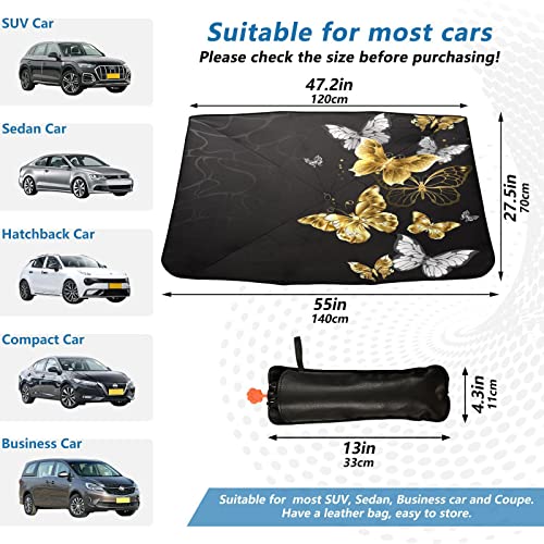 Gold White Butterflies Black Windshield Sun Shade Umbrella Foldable Car Front Window Sunshade Blocks UV Rays Heat Keep Vehicle Cool (multi 12)