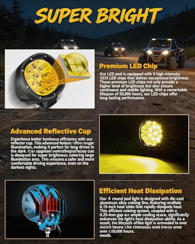 2PCS 4 Inch Amber LED Fog Lights 90W Round Off Road Driving Lights (Amber Light)