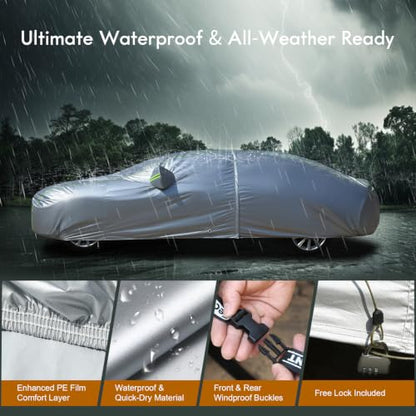 Light Shell Sedan Car Cover Waterproof All Weather Fit for 170 (Silver / 3XL：for Sedan(Lenght 170"190" ))
