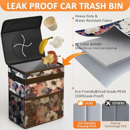 Car Trash Can with Lid Leak Proof Car Accessories for Women (2.2 Gallons / Painting Floral)