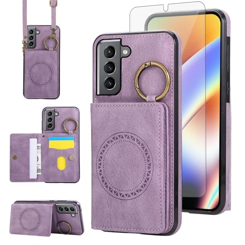 Compatible with Samsung Galaxy S21 5G 6.2 inch Wallet Case and Screen Protector Crossbody Shoulder Strap Ring Buckle Stand Card Holder Magnetic Car Mount Phone Cover for S 21 21S G5 Women Men Purple (Purple / for S21)