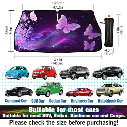 Butterfly Flowers Car Windshield Sun Shade Umbrella Bendable Handle Foldable Funny Sunshade for Car Windshield Block UV Rays Keep Vehicle Cool for Most Sedans SUV Trucks Cars 57"x30" (147*75cm,33*11cm / Butterfly 3)