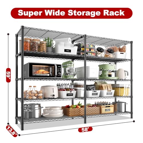 5 Tier Heavy Duty Wire Shelving Unit (Black-13.8"D x 58"W x 59"H-5 Tier)