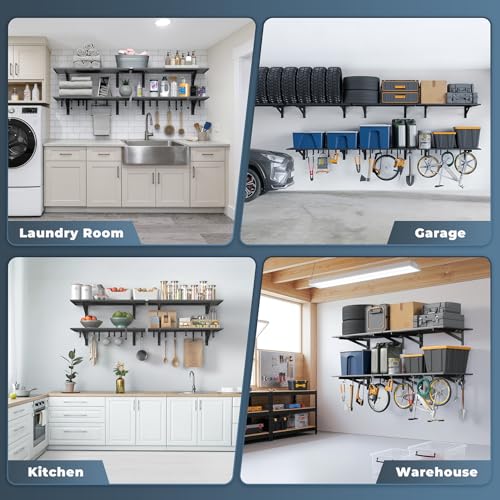 4 Pack Wall Mounted Garage Shelving with 16 Hooks (4 pack-2x3ft)