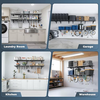 4 Pack Wall Mounted Garage Shelving with 16 Hooks (4 pack-2x3ft)