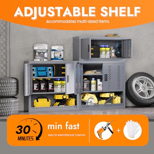 Metal Wall Storage Cabinet with Adjustable Shelf Steel Wall Mounted Garage Storage Cabinet with Doors for Basement Utility Room Warehouse Kitchen (H30.3")