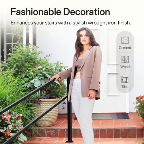 6 Step Stair Handrail 83"x36" Wrought Iron Porch Railing Black (Black / 6 Steps)