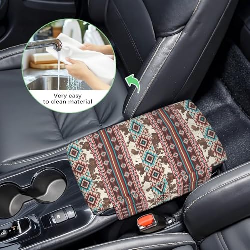 Aztec Brown Cow Print Car Center Console Cushion Cover Comfortable Armrest Seat Box Lid with Organizer Pockets Anti (Aztec Brown Cow Print)