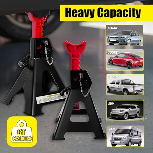 6 Ton Jack Stands (6 Ton Double Pin Locking with Rubber Pads / Black+Red)