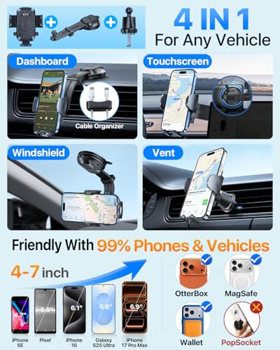Upgraded Strongest Suction No Block View Bendable Arm Car Phone Holder (Deep Black)