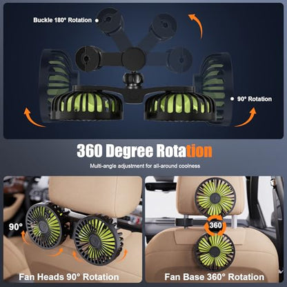 Dual Head USB Car Cooling Fans for Backseat Kids 3 Adjustable Speeds (Black+Silver)