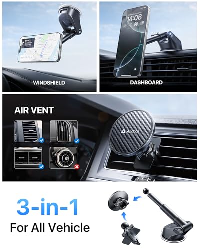 Military Grade】andobil 3 in1 Magnetic Phone Holder for Car Dashboard Windshield Vent 【Upgrade Suction & Strongest Magnet】Retractable for MagSafe Car Mount Mats for iPhone 17 16 15 14 Pro Max Sumsung (dashboard-black)