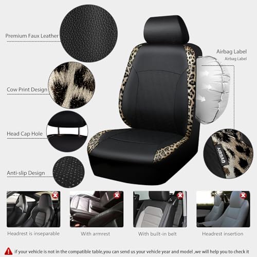 Leopard Print Faux Leather Car Seat Covers & Leopard Car Mats&Leopard Steering Wheel Cover Seat Belt Universal Car Accessories for SUV (Leopard Gold combo)