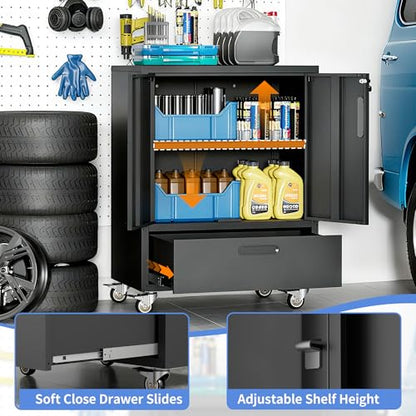 Metal Storage Cabinet for Garage (Black / M - 2 Doors & Drawer (Wheeled))