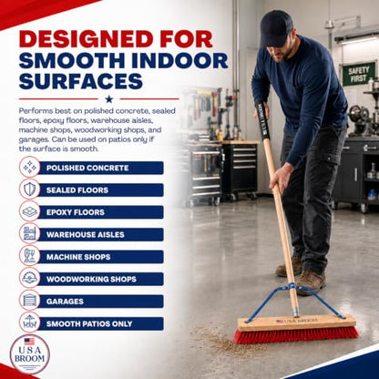 24" Soft Sweep Indoor Push Broom with 60" Handle. Ideal for Epoxy & Polished Floors. Durable American Made Steel Brackets (Style Soft Sweep / 1 Pack)