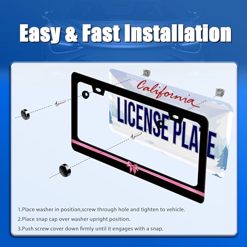 Pink Bow License Plate Frame Stainless Steel Accessory 12.3" x 6.3" (Cute Pink Pattern)