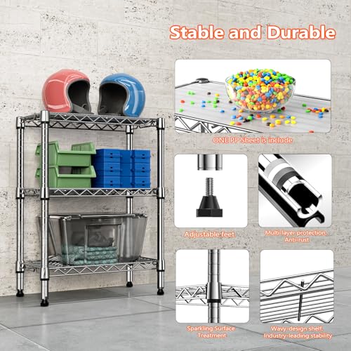 750 lbs 3 Tier Shelf Metal Storage Shelves Wire Rack Closet Organizers with PP Board for Garage Kitchen Bathroom Laundry Chrome 11.8" D x 21.7" W x 28.6" H (3 tier, 11.8" D x 21.7" W x 28.6" H / Chrome)