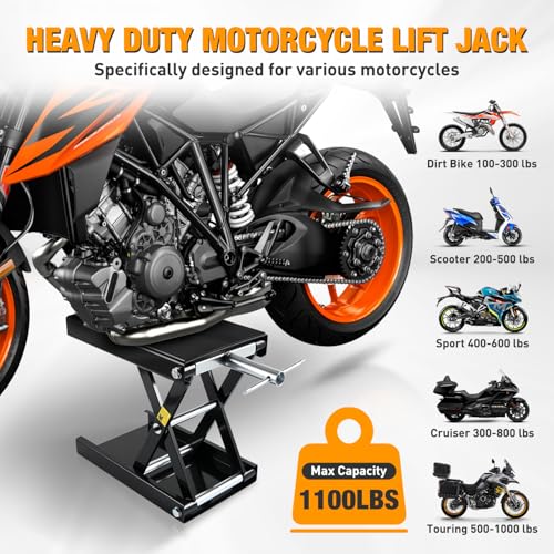 Motorcycle Lift Jack 1100 LBS Motorcycle Scissor Jack Stand Lift with Wide Deck Crank Handle 3.4" (Black)