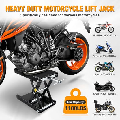 Motorcycle Lift Jack 1100 LBS Motorcycle Scissor Jack Stand Lift with Wide Deck Crank Handle 3.4" (Black)