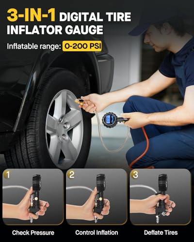 Digital Tire Inflator with Pressure Gauge 200 PSI (3-200 PSI / Tire Inflator Gauge)