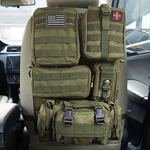 Universal Tactical Seat Back Organizer Vehicle Molle Panel Organizer Storage Bag with 5 Detachable Molle Pouch for All Vehicel Such as Jeep (A model-Military Green)