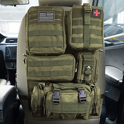 Universal Tactical Seat Back Organizer Vehicle Molle Panel Organizer Storage Bag with 5 Detachable Molle Pouch for All Vehicel Such as Jeep (A model-Military Green)