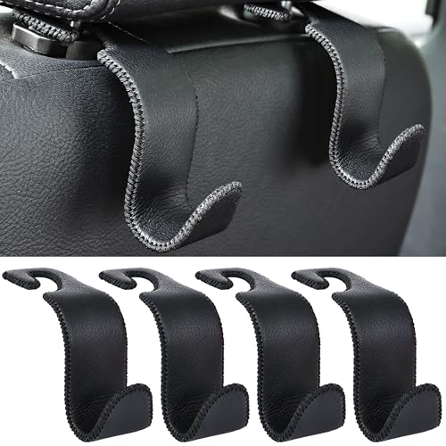 4 Pack Car Headrest Hooks Holds 55lbs Seat Storage Organizer for Bags (Leather Black)