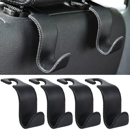 4 Pack Car Headrest Hooks Holds 55lbs Seat Storage Organizer for Bags (Leather Black)