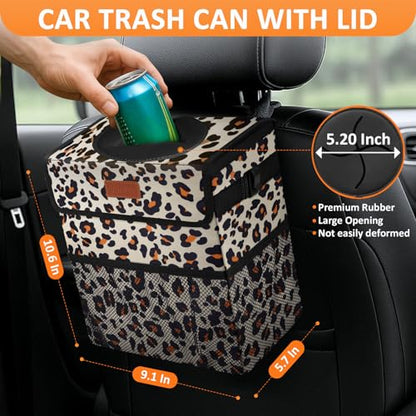 Car Trash Can with Lid Leak Proof Car Accessories for Women (2.2 Gallons / Leopard Pattern)