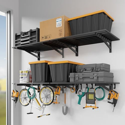 4 Pack Wall Mounted Garage Shelving with 16 Hooks (4 pack-2x3ft)