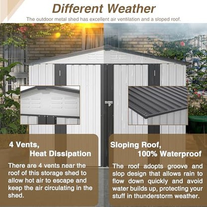 8x6 FT Outdoor Metal Storage Shed with Lockable Door & Floor Frame (White / 8x6 Ft)