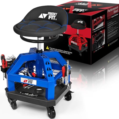 Rolling Shop Stool for Garage with Casters (Blue With Magnetic Tool Hold)