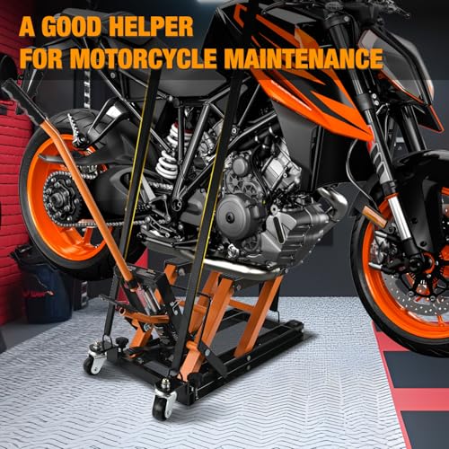 Motorcycle Lift Jack 1500 LBS Hydraulic Lifts ATV Scissor Jacks with Wheel Foot Pedal Handle Ratchet Belt Heavy Duty Lifter Stand Hoist Table for Dirt Bike Garage Storage Repair Tool (Orange Hydraulic w Wheels)