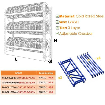 Adjustable Height Tire Storage Rack for Garage (78.7x23.6x78.7in)