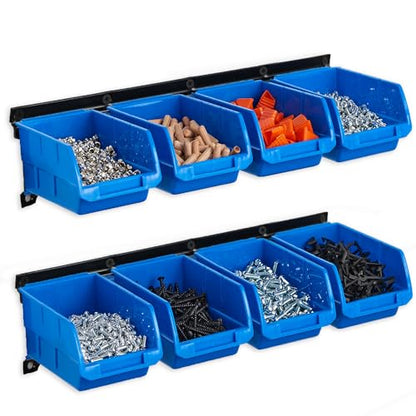 8 Bin Wall Mounted Plastic Storage Bins Hanging Organizer Bins (Blue / 8Bins+2Rails)
