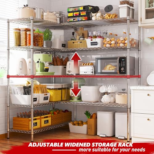58" W Storage Shelves Wire Shelving 1400LB Metal Shelves for 5 Tier Shelving Unit with Shelf Adjustable Garage Shelving Rack for Pantry Kitchen Garage (Chrome-13.8"D x 58"W x 59"H-5 Tier)
