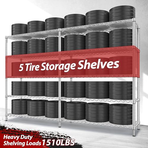 69.8" W Storage Shelves 1510LBS Wire Shelving Unit 5 Tier Metal Shelving for Storage Rack Shelves Adjustable Heavy Duty Garage Shelf Pantry Shelves Kitchen Shelving (Chrome-15.8"Dx69.8"Wx72.4"H-5 Tier)