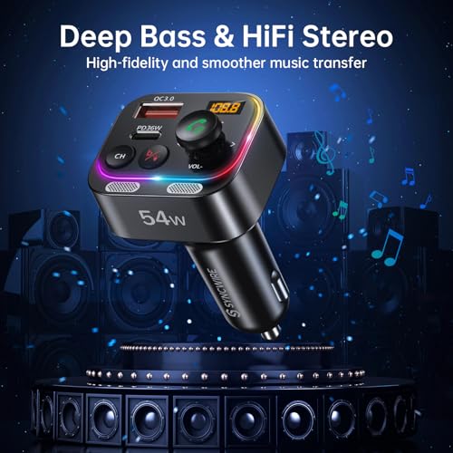 Bluetooth 5.4 FM Transmitter Car Adapter 54W with Light Switch (Black)