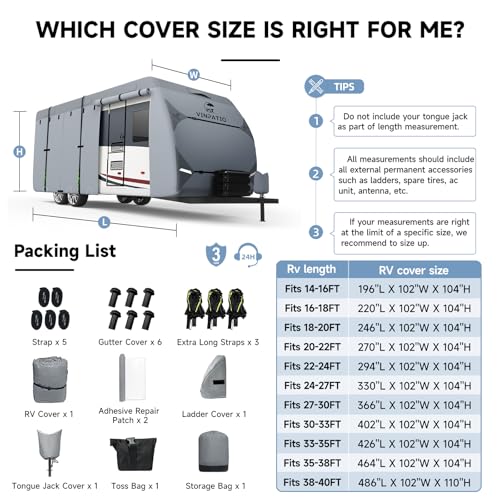 RV Cover 7 Layers Heavy Duty RV & Trailer Cover (Travel Trailer Cover(Grey) / Fits 38-40FT)