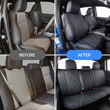 Custom Fit Tacoma Leather Car Seat Covers for Toyota Tacoma 2012 2013 2014 2015 (Leather (Black with Blue Trim) / 2012-2015 Tacoma Full Set (Trd Sport Seats))