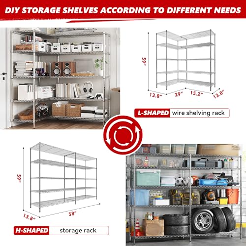 58" W Storage Shelves Wire Shelving 1400LB Metal Shelves for 5 Tier Shelving Unit with Shelf Adjustable Garage Shelving Rack for Pantry Kitchen Garage (Chrome-13.8"D x 58"W x 59"H-5 Tier)
