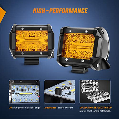 2PC 4Inch Amber Led Pods Triple Row 60W Flood Spot Combo Driving Fog Lights with 16AWG Wiring Harness (Amber 2PCS with Wiring Harness / Led Pods)
