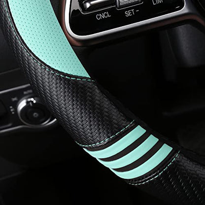 Car Steering Wheel Covers for Women Padded Carbon Fiber PU Leather Cute Auto Interior Accessories for Vehicle (Green+Black / Standard Size[14.75-15.15"](37.5-38.5cm))