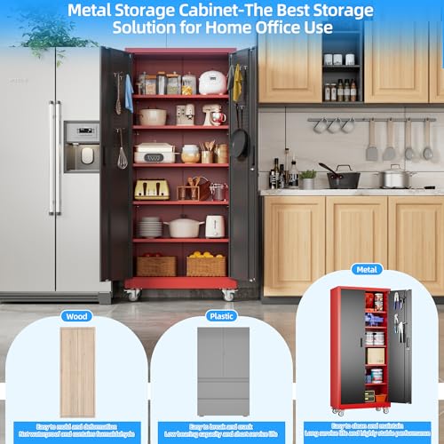 Garage Storage Cabinet with Pegboard (Black&red / 16"D x 32"W x 71"H)
