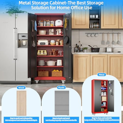 Garage Storage Cabinet with Pegboard (Black&red / 16"D x 32"W x 71"H)